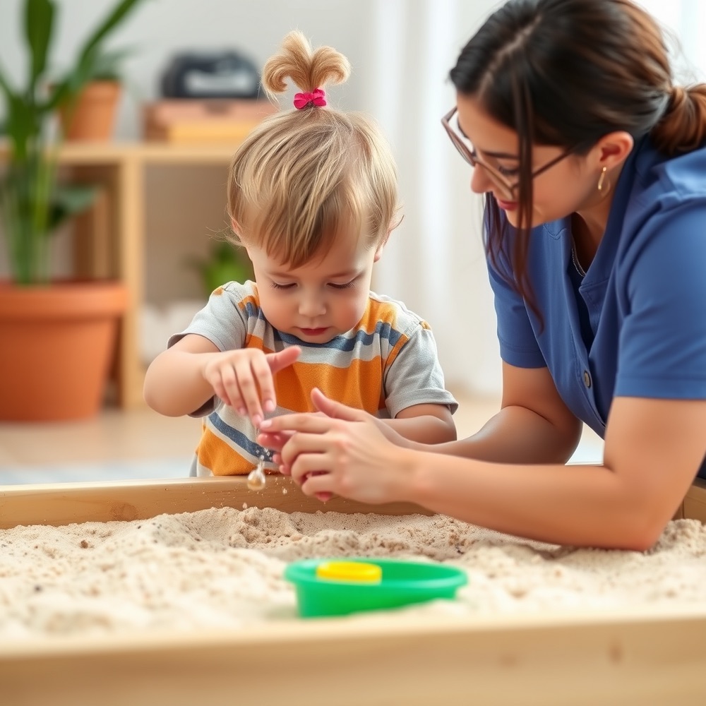 A child working with an ABA therapist outdoors during the summer